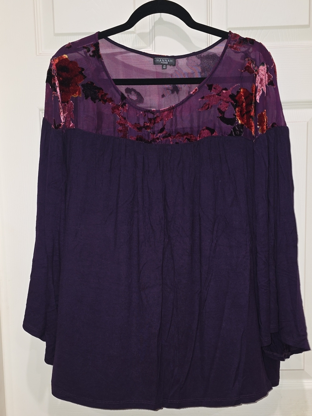 Hannah Deep Purple Velvet Floral Yoke Tunic Top